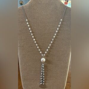 C1946 Faux Pearl Lariat Tassel Necklace 31”-33”